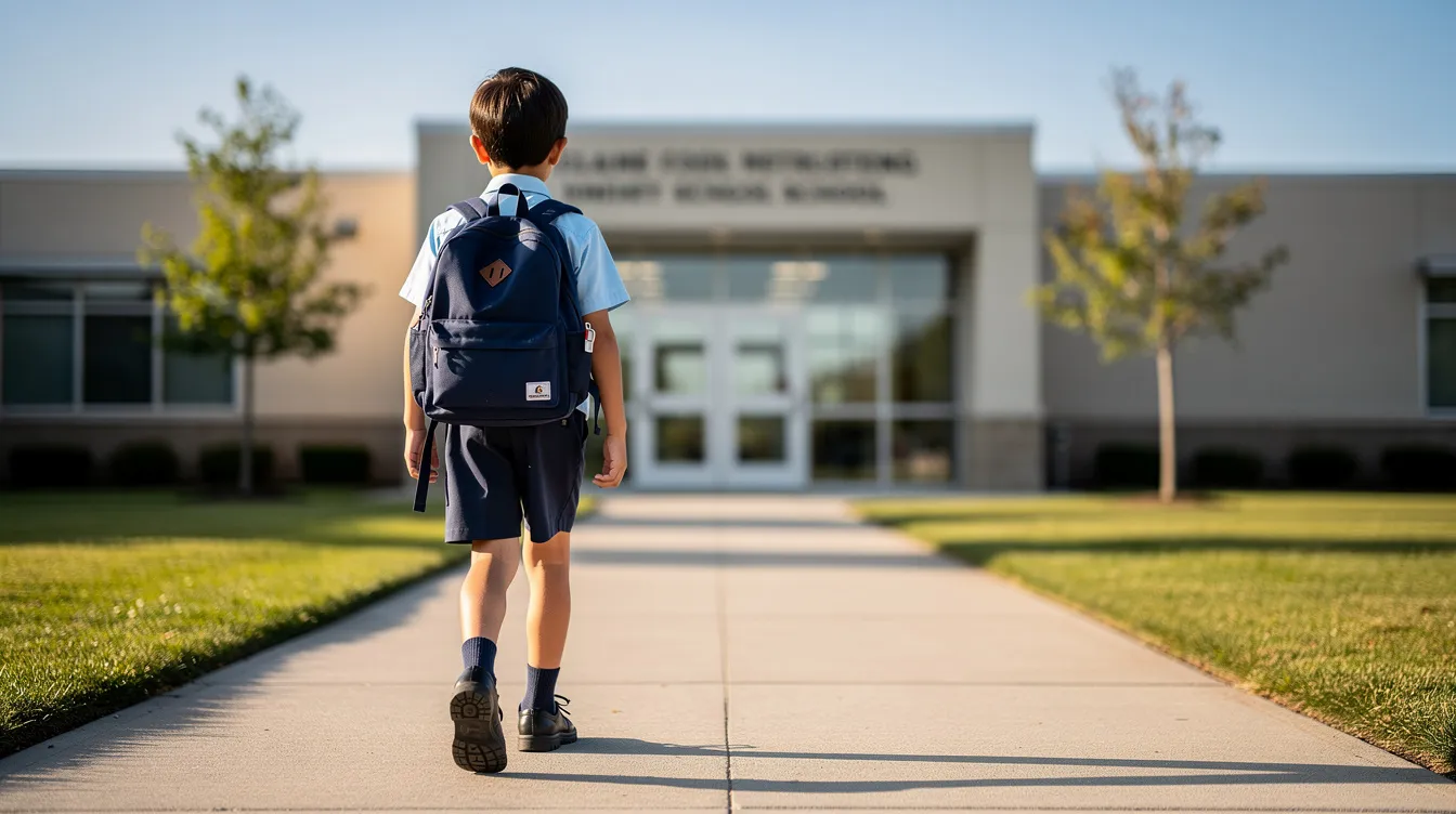 A young child in a school uniform and backpack walks alone towards the entrance of a primary school on a sunny day, embodying the journey many autistic children face as they attend school. This scene highlights the importance of a supportive school environment that accommodates diverse learners and addresses the mental health challenges some children may experience during their school day.