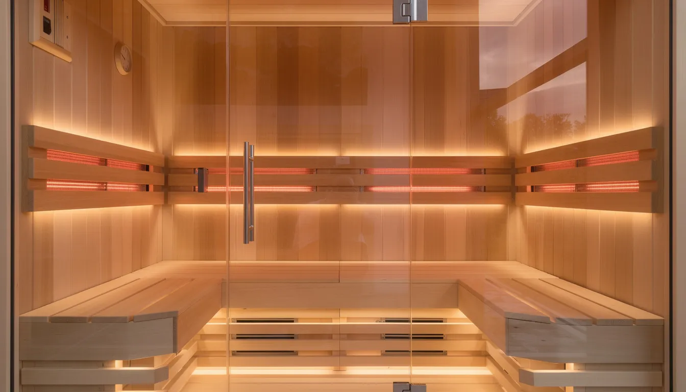 The image depicts a modern infrared sauna cabin interior featuring sleek wooden benches and a transparent glass door, creating a serene sauna room atmosphere. This design emphasizes the natural beauty of the materials used, enhancing the sauna experience while ensuring proper ventilation for optimal health benefits.