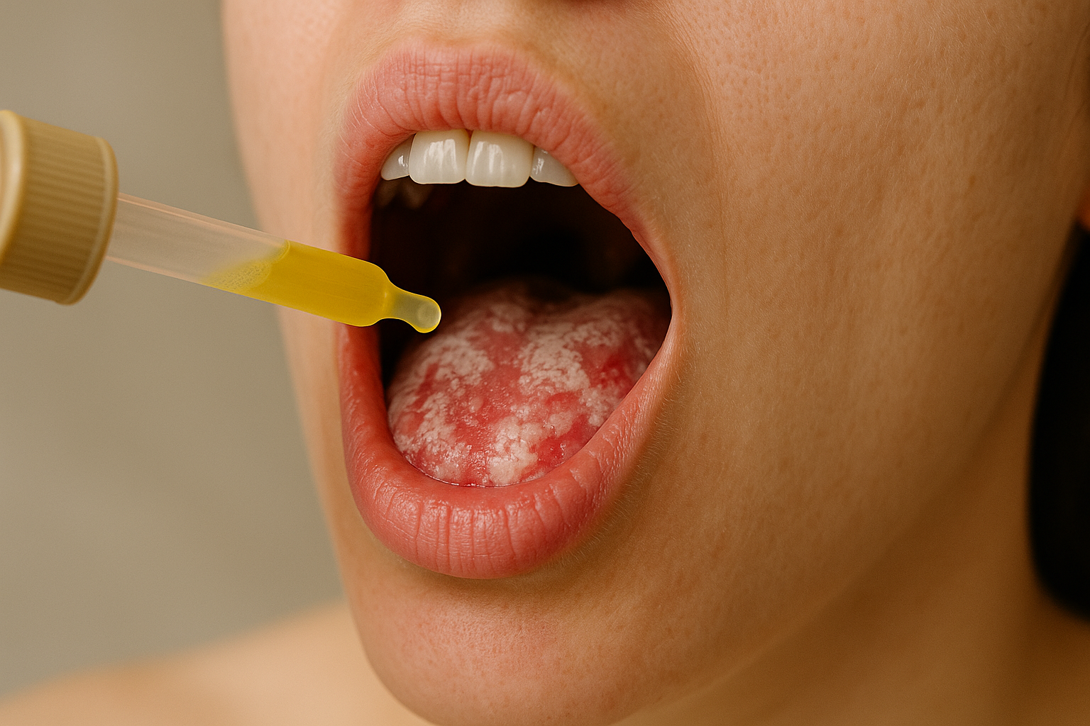 Mycostatin: Når Munnsoppen Trenger Et Tøft Motangrep 14 Åpen munn med hvite soppflekker på tungen og gul væske fra pipette, illustrerer behandling av oral soppinfeksjon.