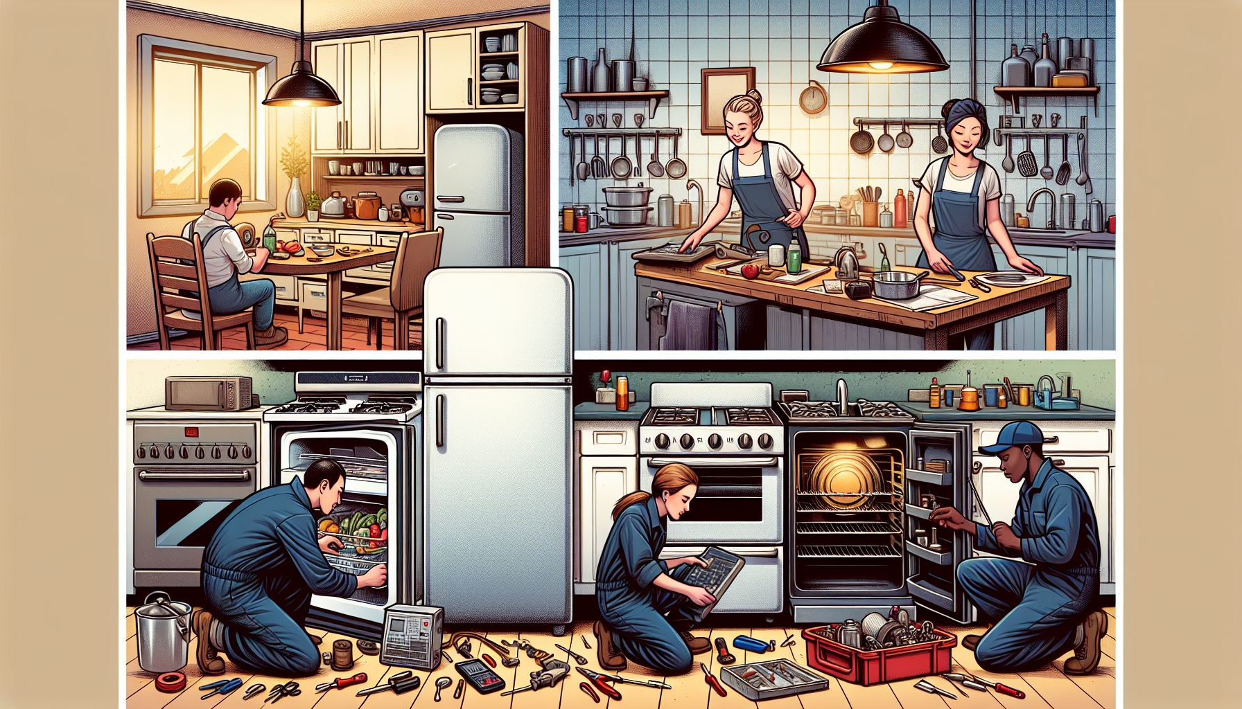 A visual representation of residential and commercial appliance repair services, showcasing technicians at work.