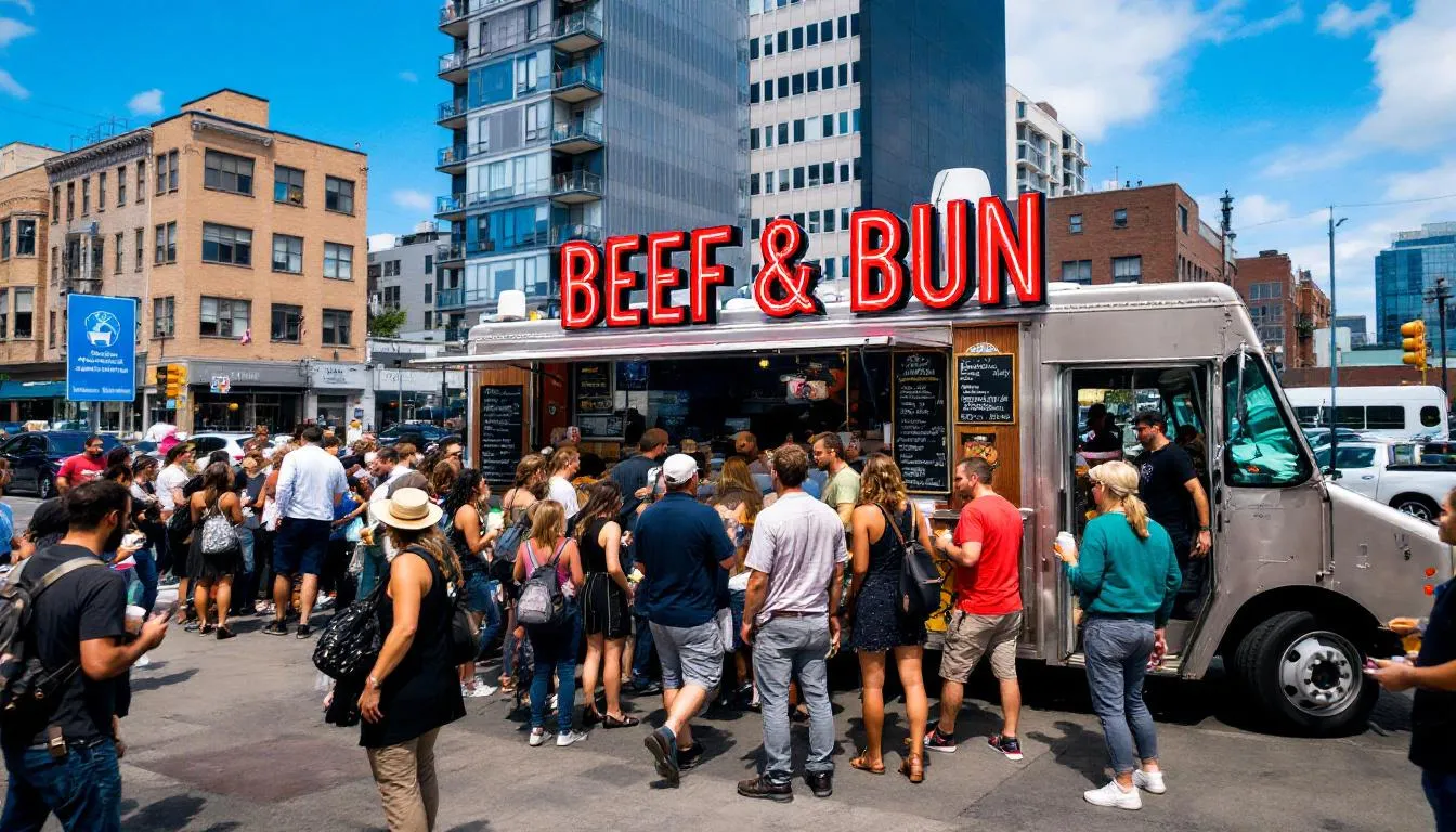 A vibrant food truck is bustling with customers eager to enjoy a variety of American fare, including burgers, fries, and shakes, indicating a thriving food truck business. The scene highlights the success of the food trailer, which may benefit from food truck loans and financing options to support its operations.