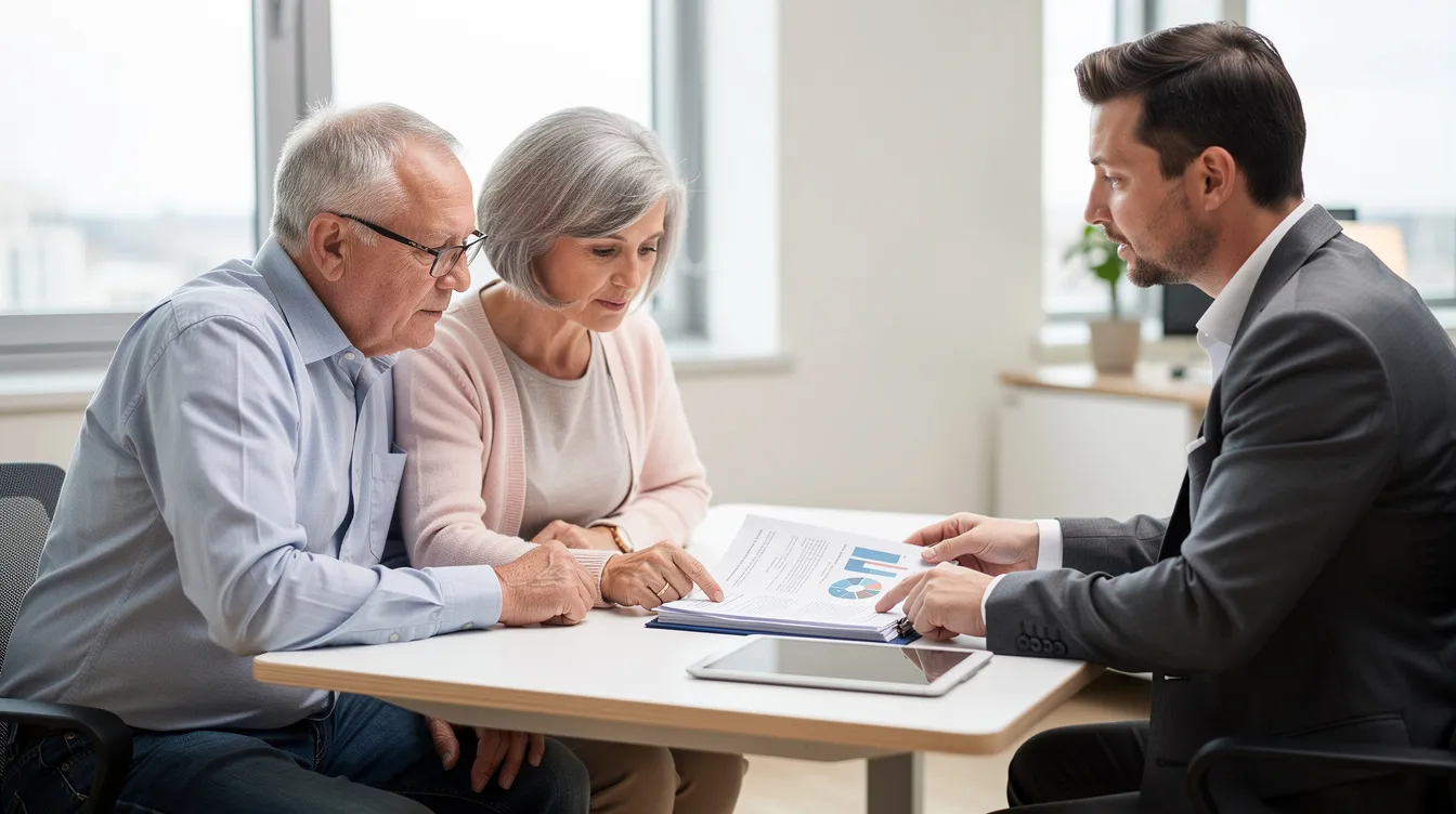 An older couple is seated at a table, carefully reviewing estate planning documents with a professional advisor. The scene captures the importance of legal considerations in preparing for the future, ensuring their wishes are documented for their loved ones.