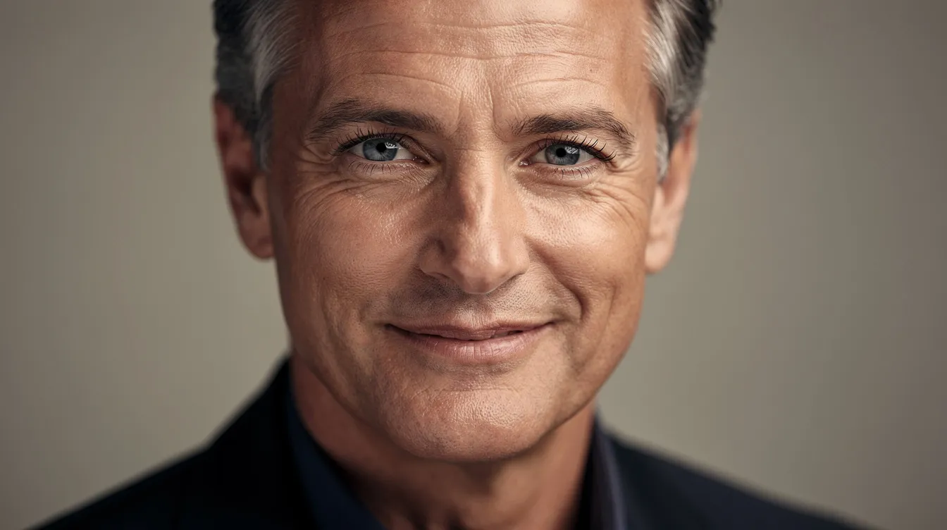 A portrait of a confident mature man with natural, alert-looking eyes, showcasing the results of upper blepharoplasty surgery. His refreshed appearance highlights a youthful contour, free from excess skin and puffiness, enhancing his overall expression of vitality and confidence.