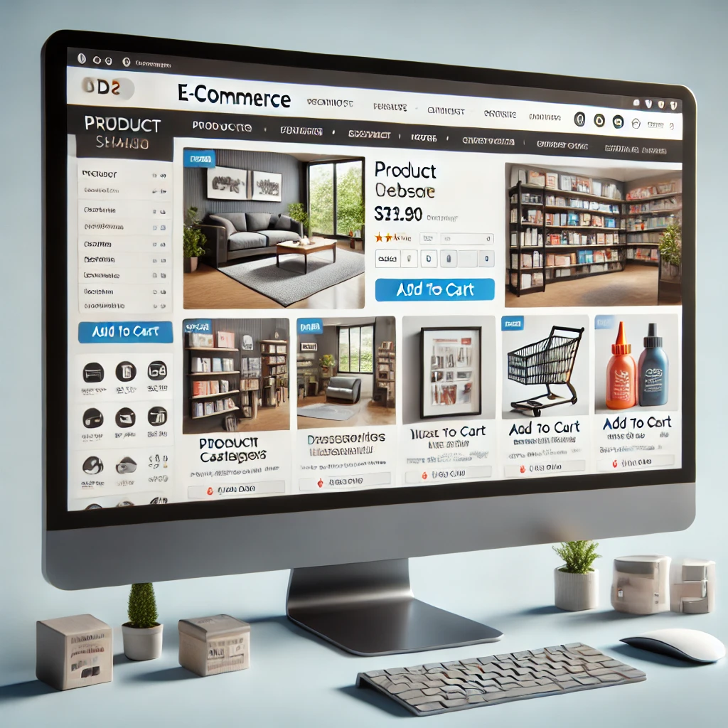 Pantalla de computadora mostrando un sitio web de e-commerce con catálogo de productos, descripciones, precios y botón de 'Agregar al carrito'. | Posiciona.Digital