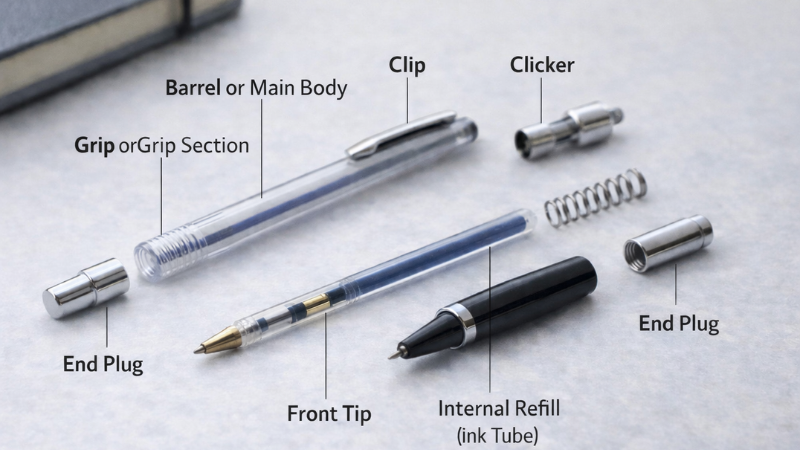 Parts of a pen labeled diagram for ballpoint pen anatomy