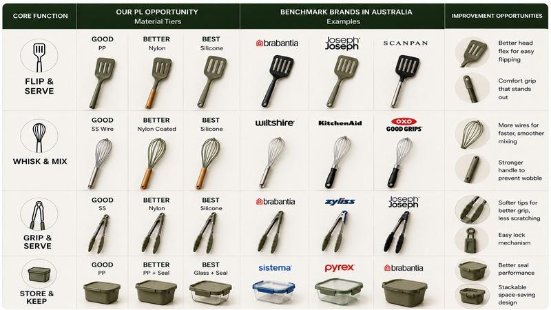An Australian homewares PL benchmarking board comparing core functions, material tiers, benchmark brands, and improvement opportunities.