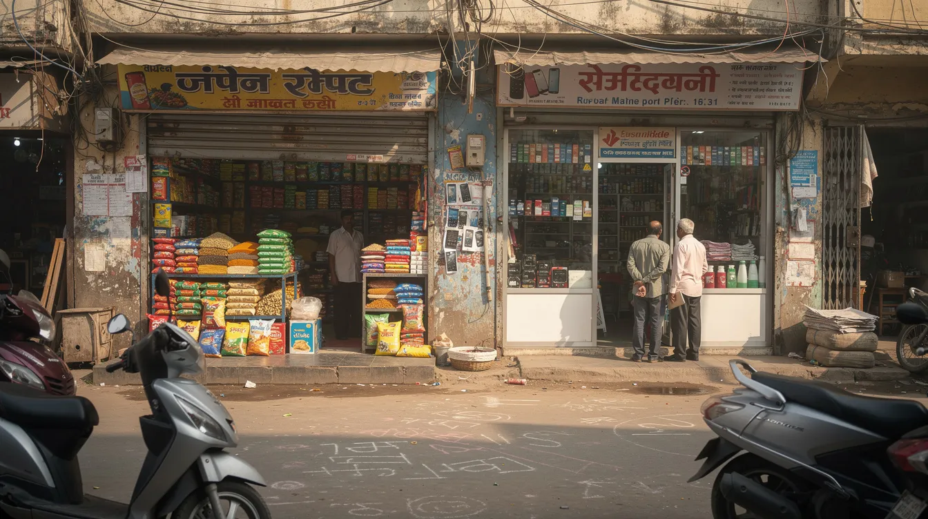The image depicts two small business storefronts side by side on a bustling Indian market street, showcasing vibrant signage and products. These micro enterprises reflect the entrepreneurial spirit supported by financial institutions through schemes like the Pradhan Mantri Mudra Yojana, which provides capital assets and business loans to eligible borrowers.
