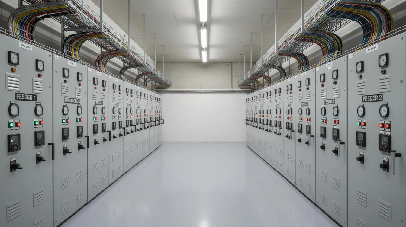 The image depicts an industrial electrical switchgear panel room filled with metal enclosures and cable trays, showcasing a modern switchgear system designed for electrical distribution. This environment emphasizes the importance of proper maintenance and operational continuity for existing electrical installations, ensuring safety and efficiency in power circuit breakers and other critical components.