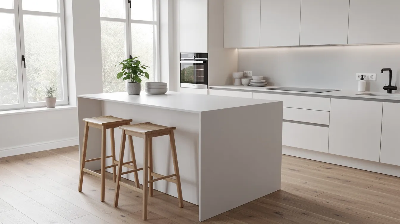 En modern skandinavisk köksmiljö med en ljus köksö som har två träpallar, vilket ger extra sittplatser för gäster. Köket visar en enkel och stilren design med fokus på funktionella material och färger som passar in i hemmet.