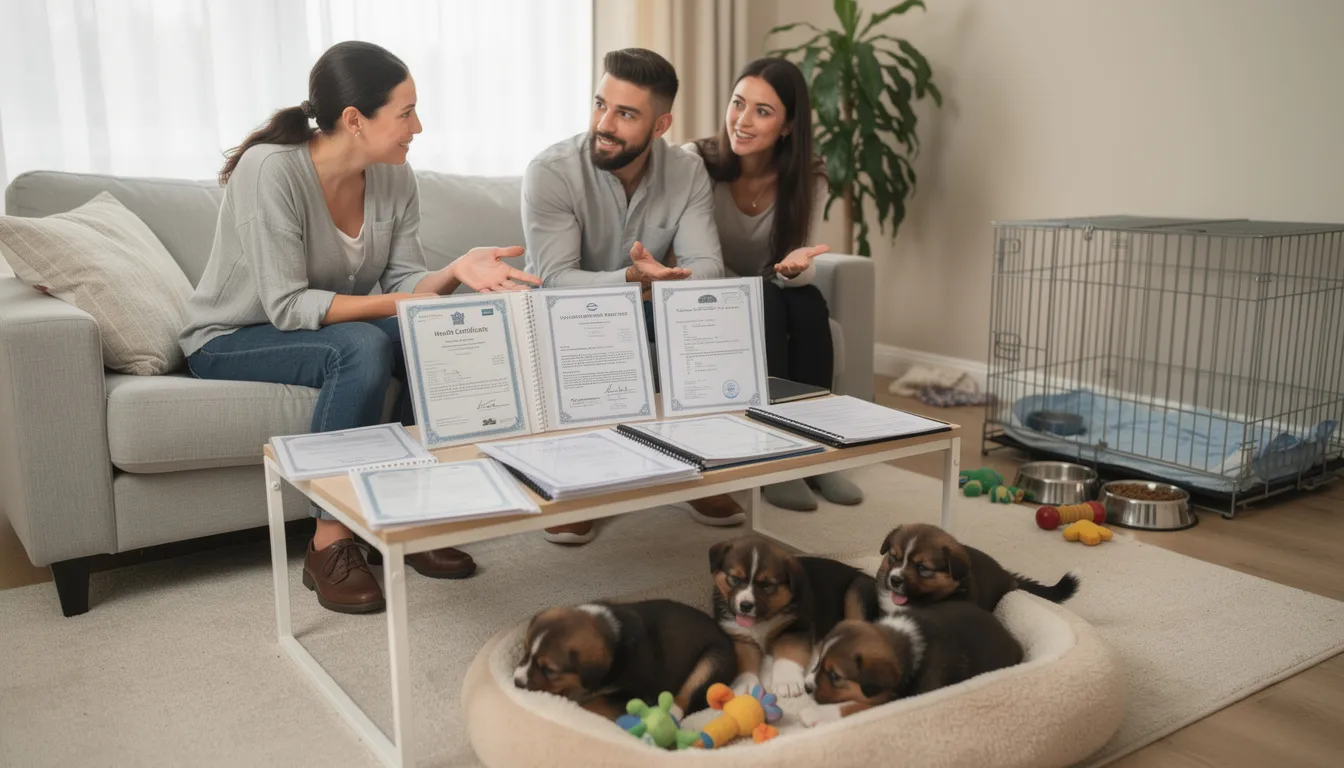 A responsible breeder is seated with potential puppy owners, showcasing health testing certificates while discussing the care and training of sheepadoodle puppies. The breeder emphasizes the playful temperament and grooming needs of these affectionate family dogs, highlighting their compatibility with children and other pets.