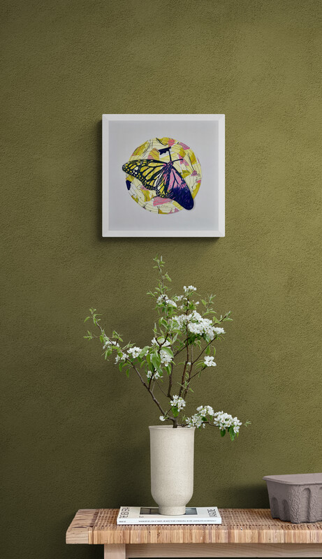 Arterra Artist, Lorna Livey's, Metamorphosis Mandala #81 hanged on a green wall.