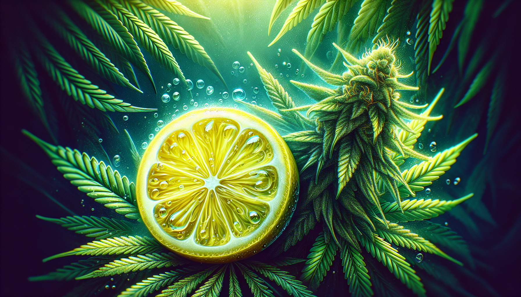 Eine Illustration einer Zitronenscheibe und einer Hanfpflanze, die das Aroma der CBD Blüte "Super Lemon Haze" darstellt