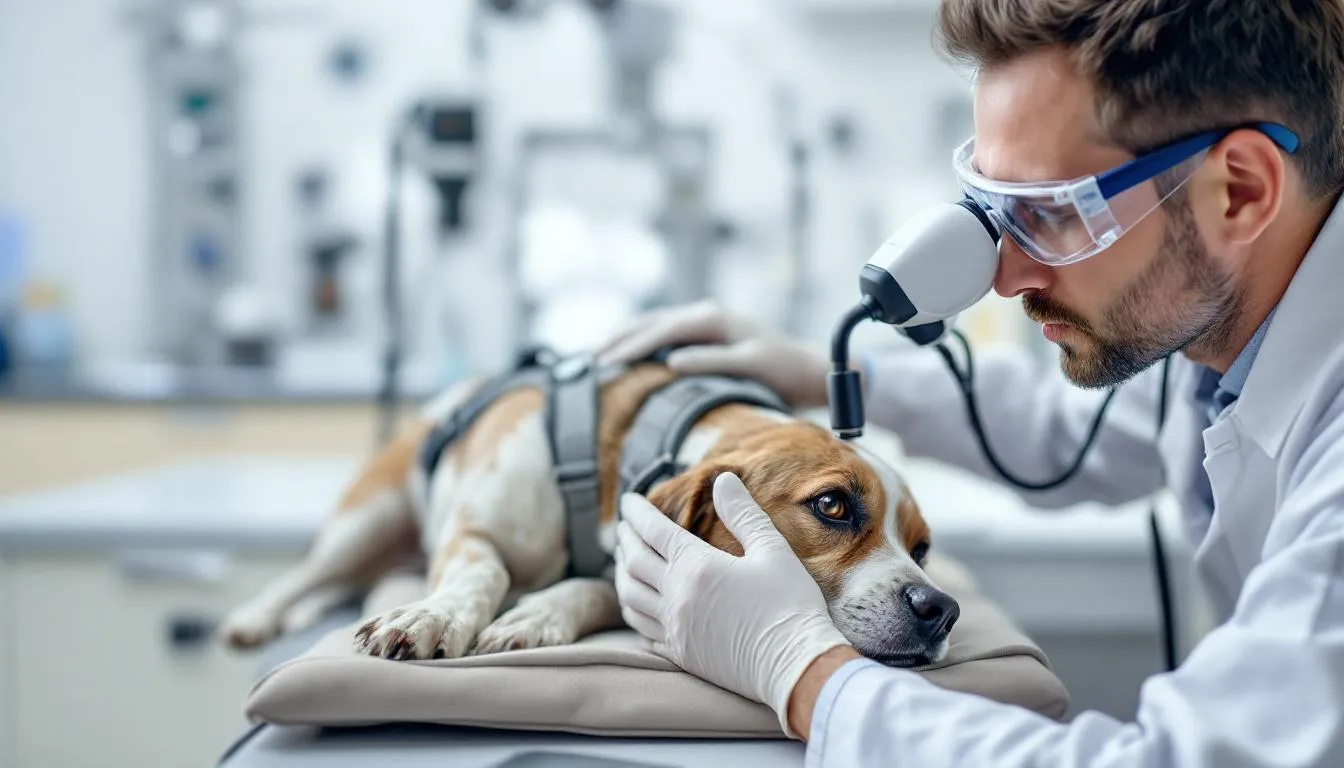 A veterinarian is carefully examining a dog