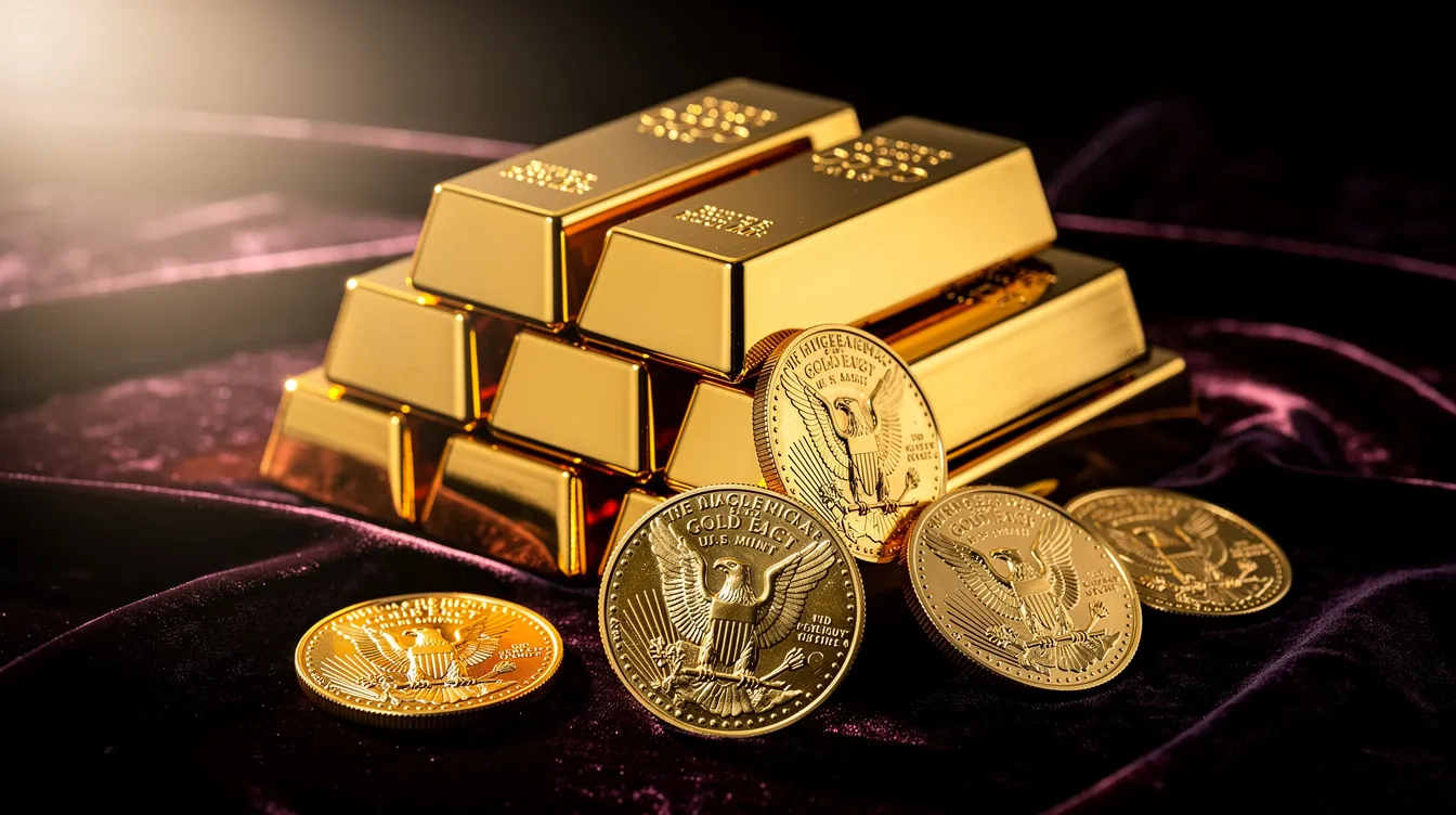 The image features a luxurious arrangement of gold bars and American gold eagle coins displayed on a rich dark velvet surface, symbolizing precious metals investments ideal for a retirement portfolio. This elegant setup highlights the allure of physical gold as part of a gold IRA strategy.