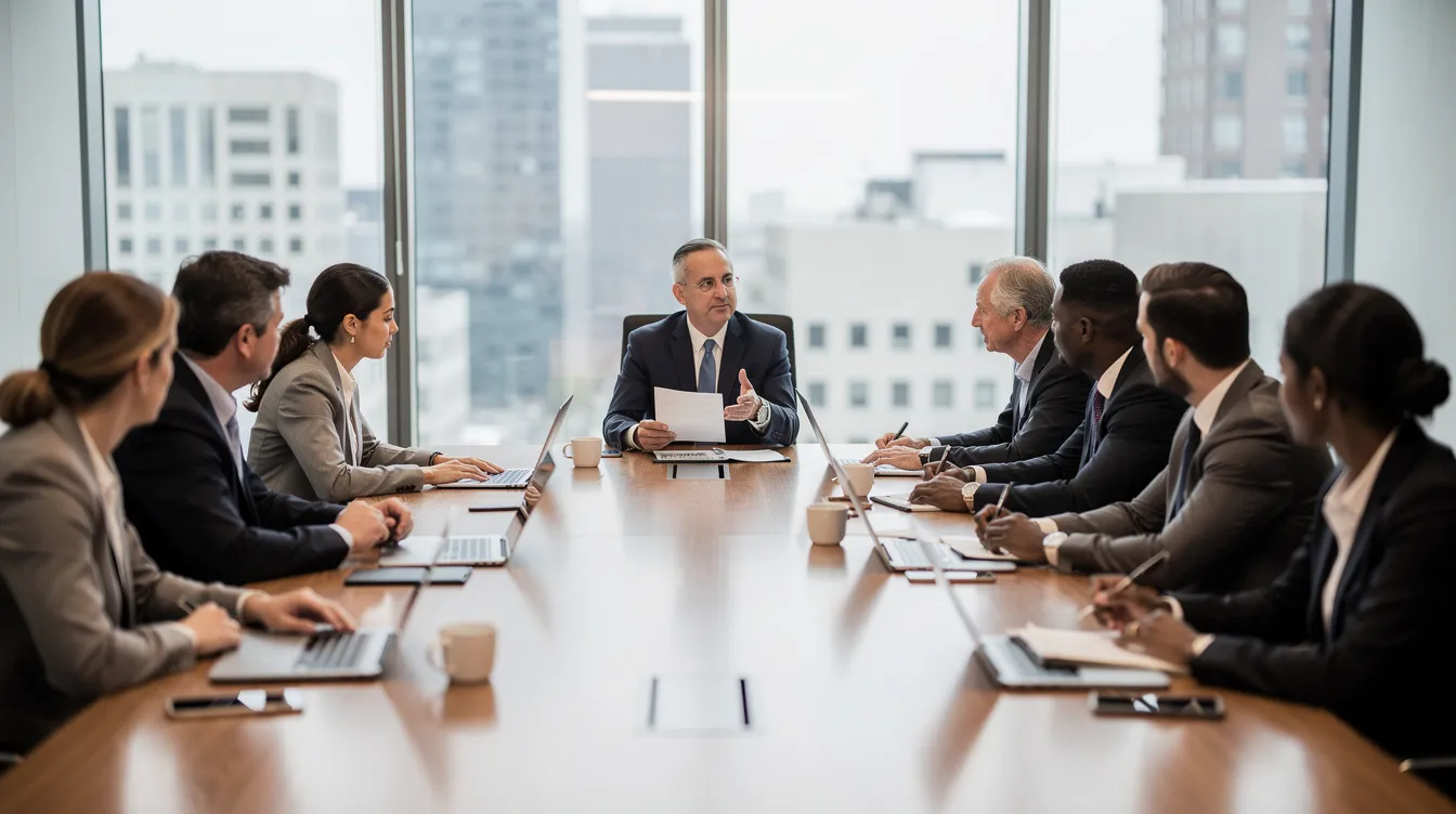 A diverse legal team is gathered around a conference table, engaged in discussion with laptops and phones in front of them. This scene reflects the collaborative environment of law firms, where legal professionals focus on administrative tasks, client interactions, and the efficient handling of phone calls.