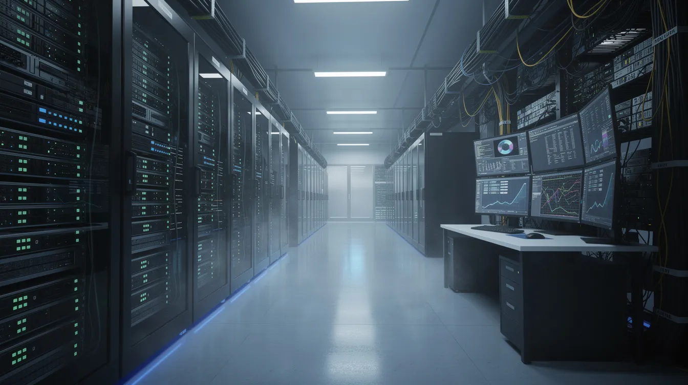 The image depicts a modern server room filled with rows of servers, illuminated by glowing indicator lights, and featuring multiple monitoring screens displaying data analytics and system statuses. This high-tech environment reflects the evolving landscape of AI technology and its impact on cybersecurity professionals, highlighting the importance of technical skills and continuous learning in an AI-driven world.