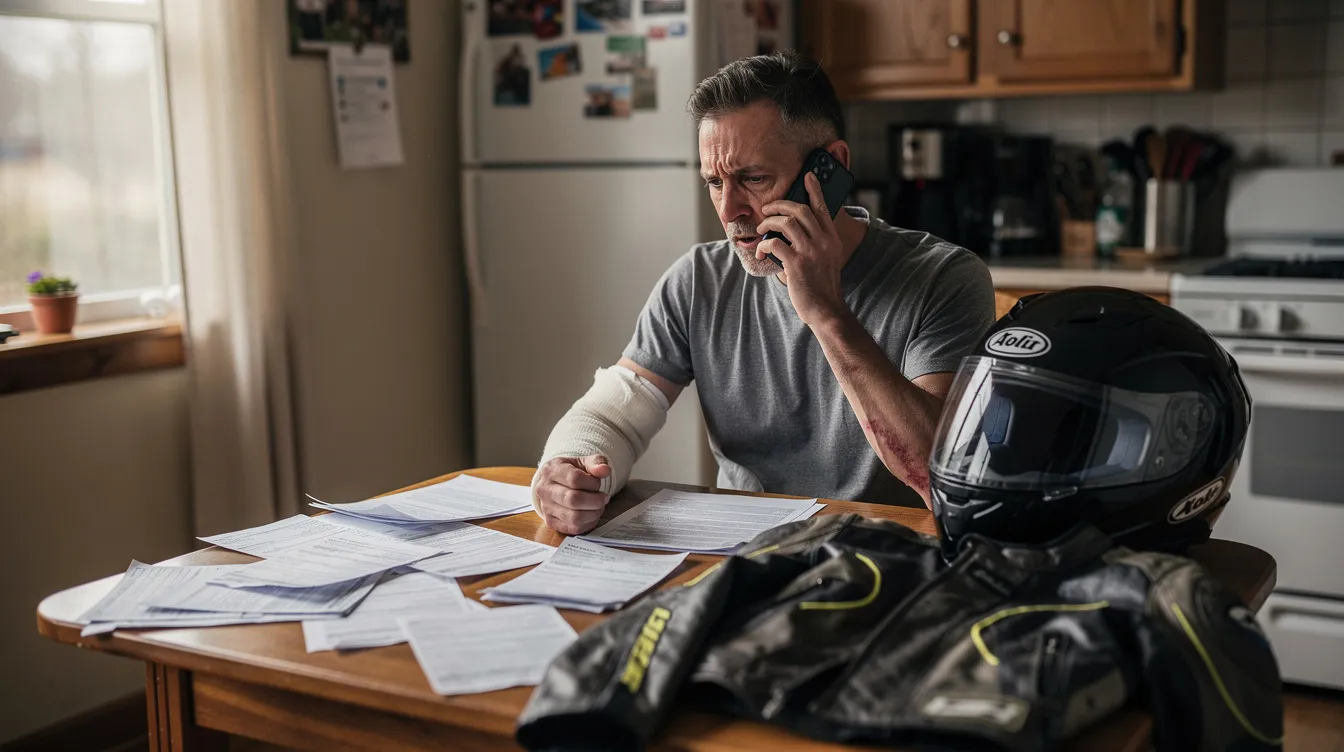 A concerned injured motorcyclist sits at a kitchen table, reviewing insurance paperwork and speaking on the phone with an insurance adjuster, while a motorcycle helmet and riding jacket lie on the table beside him. The image captures the emotional distress and seriousness of navigating a personal injury claim after a motorcycle accident, highlighting the challenges faced by motorcycle accident victims in Seattle.