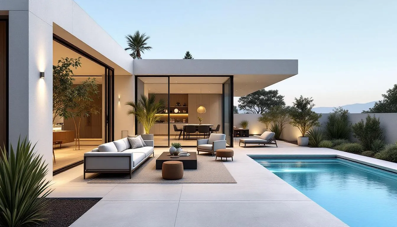 An inviting outdoor living room adjacent to a swimming pool, enhancing the pool area for relaxation and entertainment.