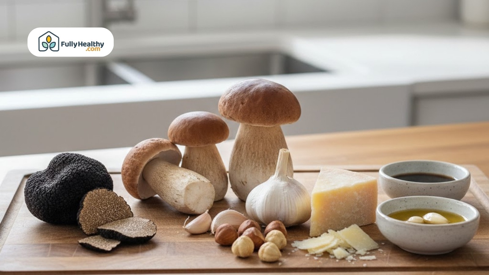 Truffles with mushrooms, garlic, cheese, and olive oil