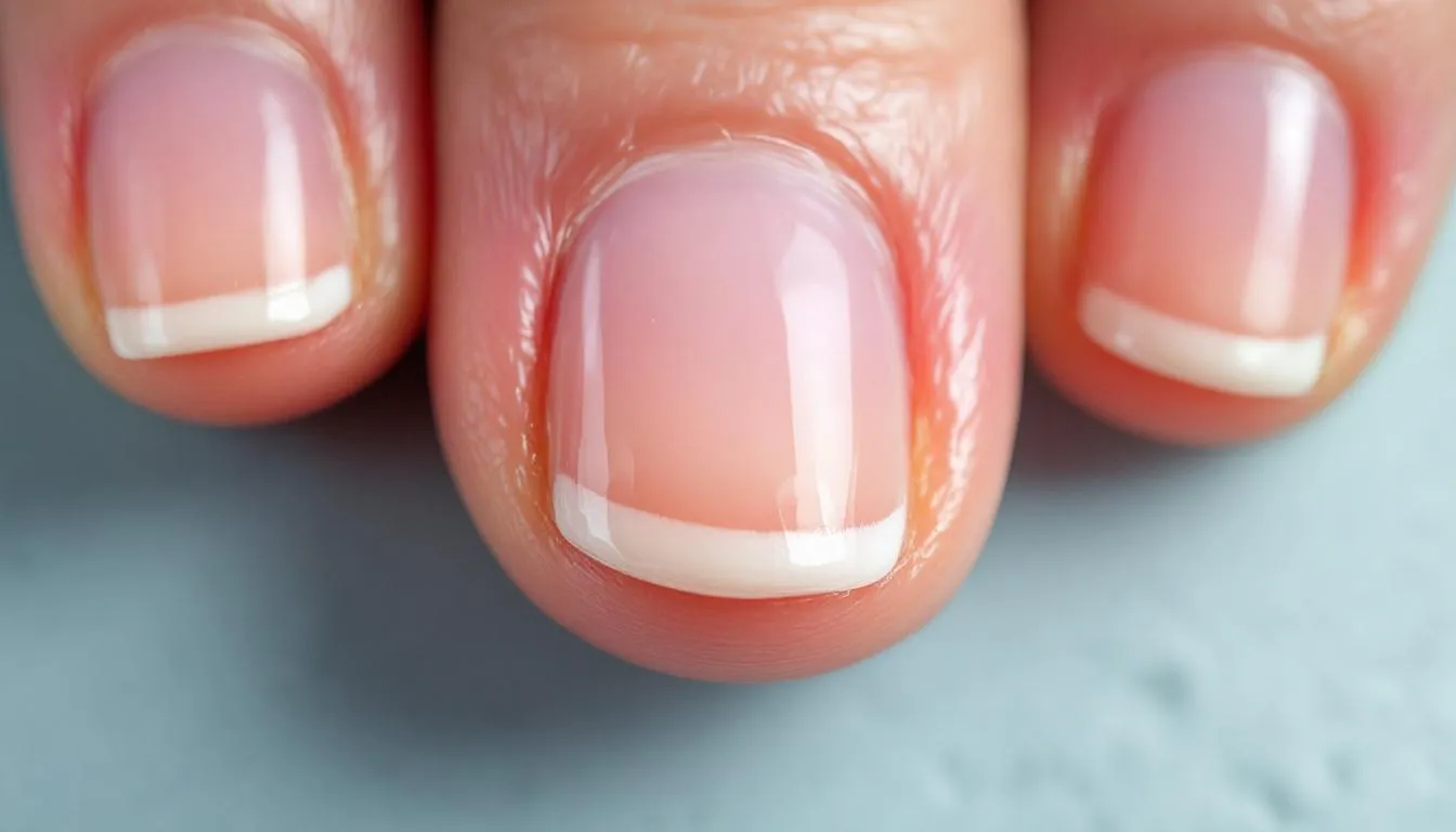 A close-up view of healthy fingernails showcases clear cuticle lines, indicating well-maintained nail health. The nails appear smooth and moisturized, suggesting effective cuticle care and hydration.