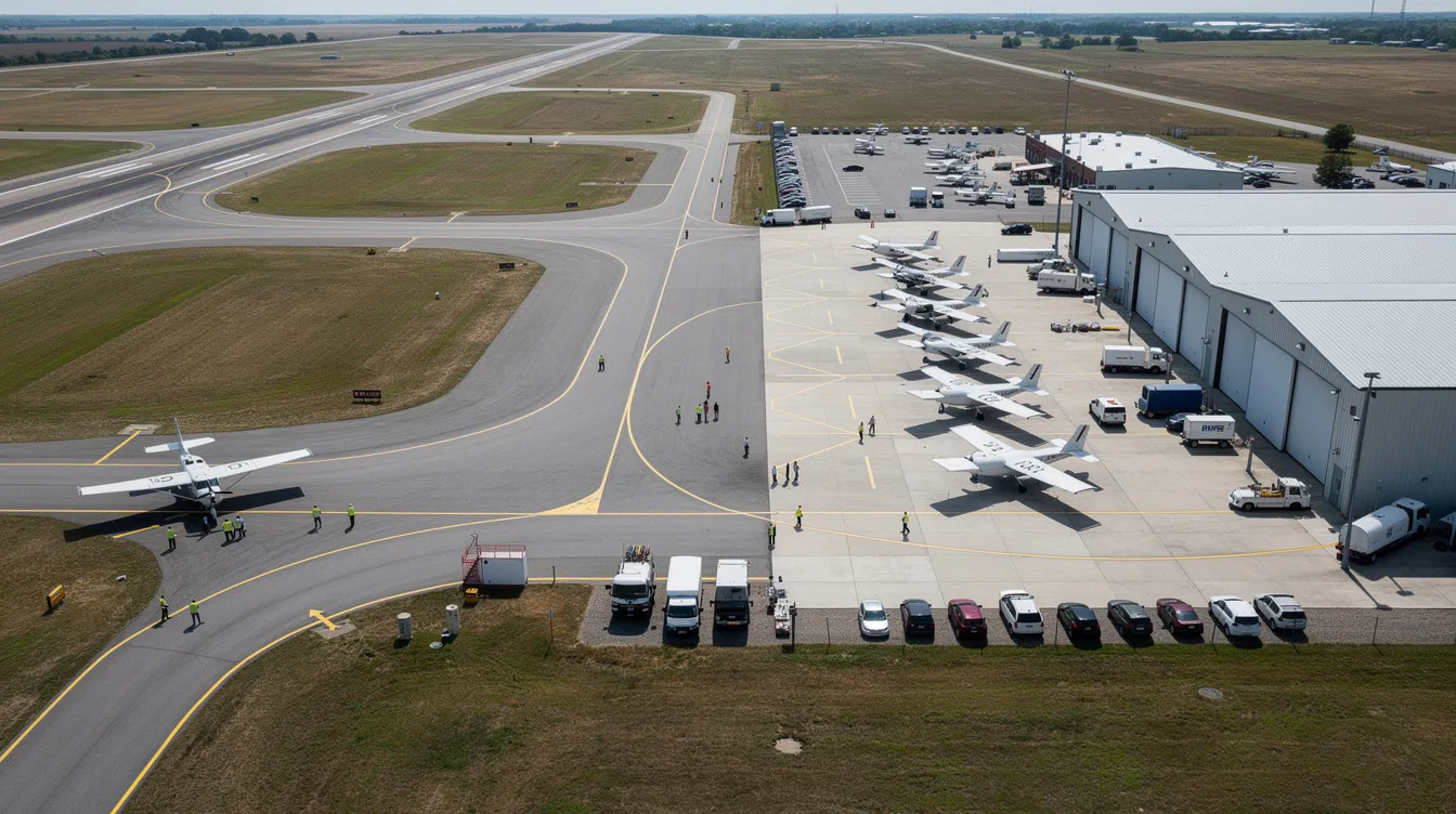 An aerial view of a busy flight training airport shows several small aircraft lined up near hangars, illustrating a vibrant environment where flight instructors provide valuable flight instruction to students. This bustling scene highlights the importance of flight schools in developing the skills and confidence needed for successful careers in aviation.