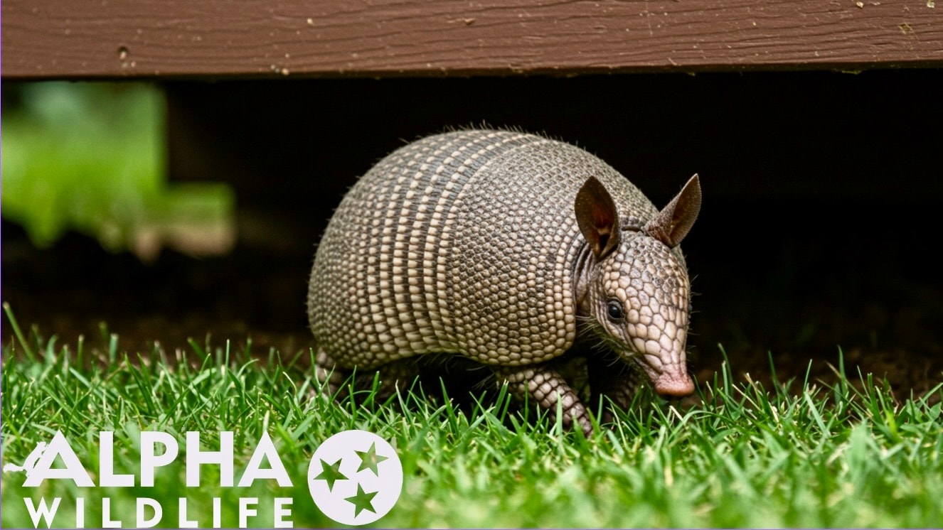 Armadillo hiding under deck 