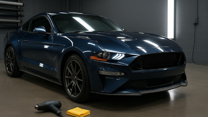 A fully wrapped Mustang in blue color parked in a garage.