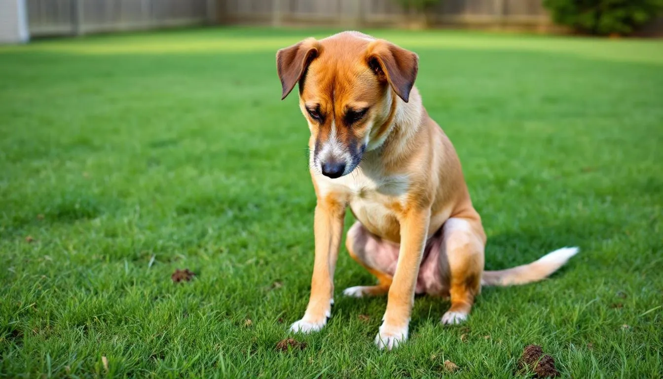 A dog is shown in a squatting position in a grassy yard, appearing to strain as it attempts to pass feces, indicating potential dog constipation. The dog