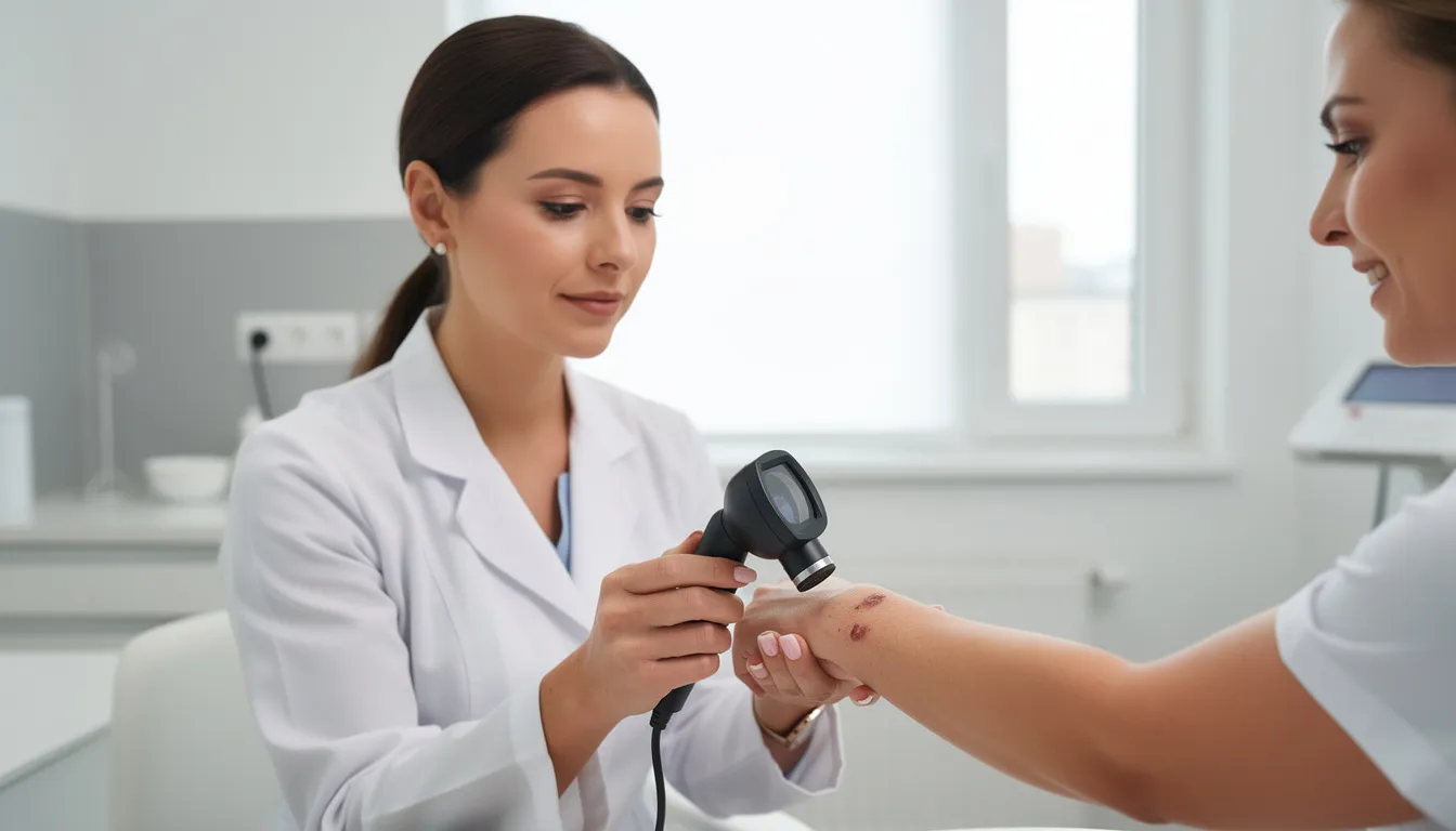 Na obrazie przedstawiona jest profesjonalna konsultacja dermatologiczna w nowoczesnym gabinecie, gdzie doświadczony specjalista używa dermatoskopu do oceny znamion i zmian skórnych. W tle widoczne są narzędzia medyczne oraz sprzęt, który może być wykorzystywany do chirurgicznego usuwania pieprzyków i innych zmian skórnych.