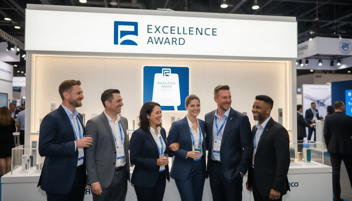 The image shows satisfied customers proudly standing in front of their award-winning trade show booth, which features an eye-catching design and impressive exhibit displays. This custom trade show booth, built by experienced booth designers, highlights their trade show success and commitment to creating lasting impressions on the show floor.