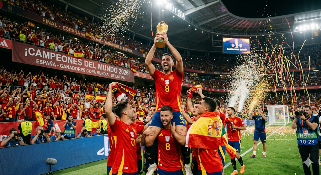 Spanien firar seger i Fotbolls VM 2026 finalen och lyfter VM-pokalen efter att ha vunnit världsmästerskapet i fotboll