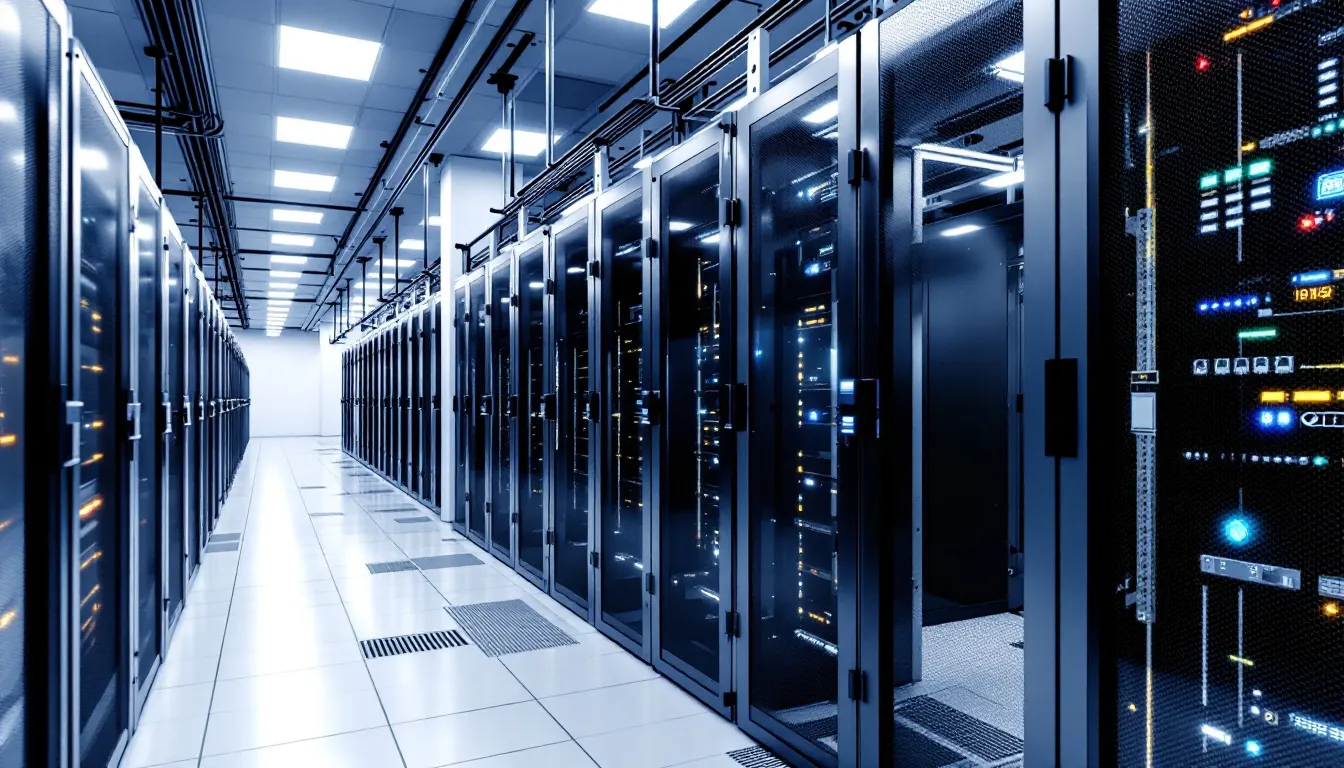 A modern data center filled with rows of servers and networking equipment, showcasing a robust enterprise data infrastructure designed for data virtualization and seamless integration of multiple data sources. This setup emphasizes efficient data access and management, enabling businesses to analyze complex data and gain valuable insights through advanced query optimization and real-time data integration.