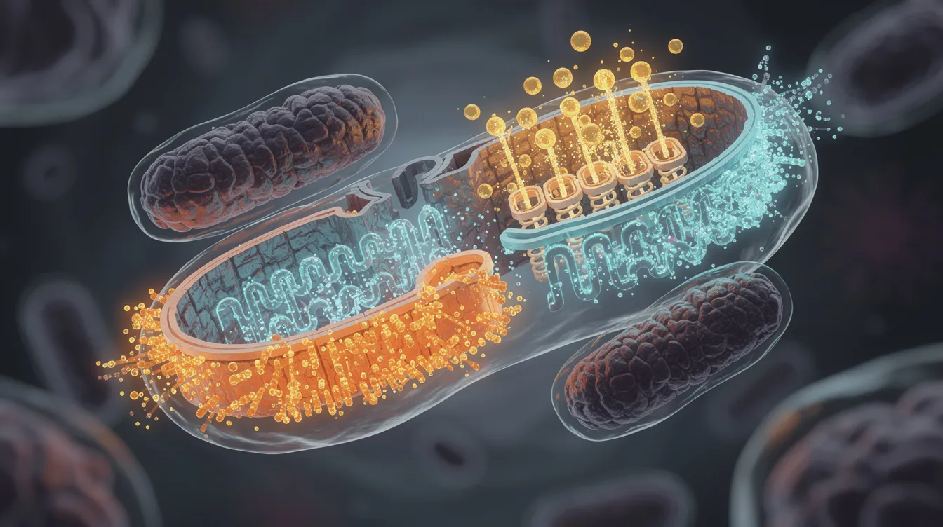 The image depicts mitochondria within a cell, showcasing the process of cellular energy production. This visualization emphasizes the importance of mitochondria in supporting healthy aging and overall energy metabolism, which is crucial for maintaining general health and potentially extending lifespan.