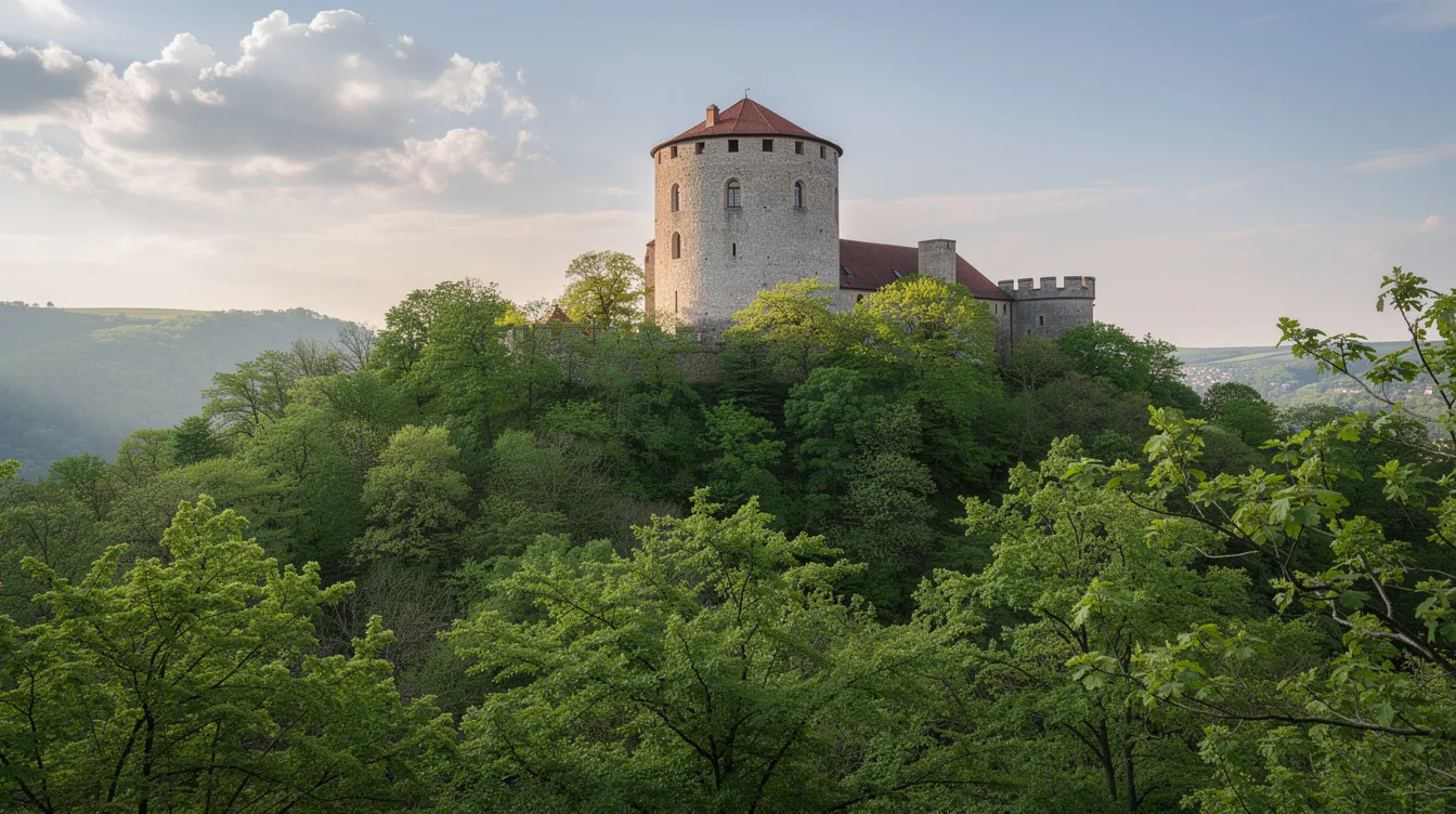 Das Bild zeigt ein historisches Schloss mit einem markanten runden Turm, das malerisch auf einem Hügel thront und von dichtem grünem Laubwald umgeben ist. Diese Sehenswürdigkeit befindet sich in der Nähe von Binz auf der Insel Rügen und ist ein beliebtes Ausflugsziel für Besucher, die die Geschichte und Natur der Region erkunden möchten.