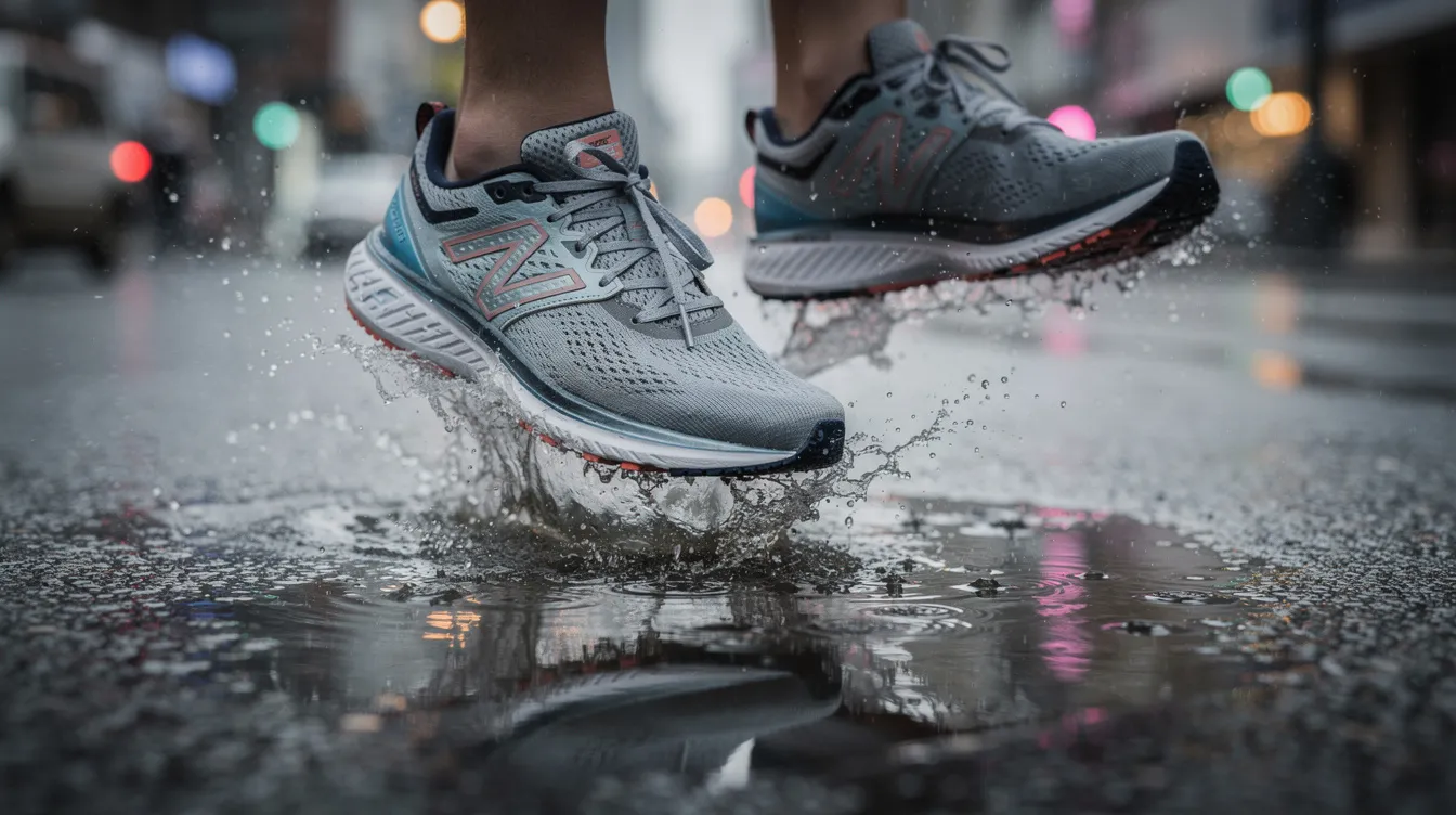 A close-up image shows a pair of waterproof running shoes splashing through a puddle on a wet road, highlighting their durable water-repellent upper and traction for wet conditions. The shoes demonstrate excellent performance in muddy trails and provide reliable protection for active outdoor enthusiasts.