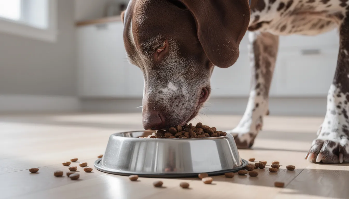 A German Shorthaired Pointer is happily eating high-quality kibble from a dog bowl, showcasing its short coat and energetic demeanor. This versatile hunting dog is known for its intelligence and strong instincts, making it a beloved choice among dog breeds.