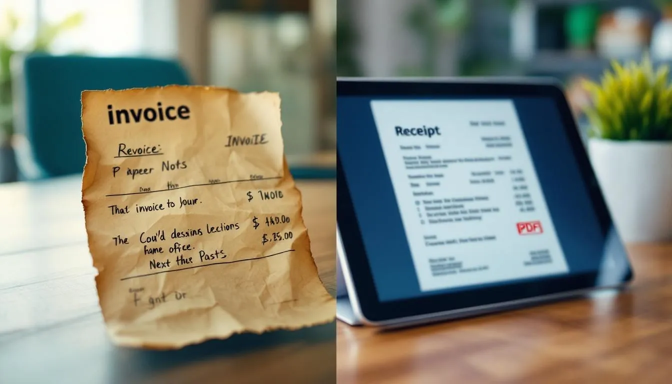 La imagen muestra una comparación entre una factura tradicional en papel y un comprobante electrónico en una tablet, resaltando la modernización en la facturación para salones de belleza. A la izquierda, se observa la factura impresa, mientras que a la derecha se ve la interfaz digital en la tablet, evidenciando la eficiencia y la administración de datos en el sector de la belleza.