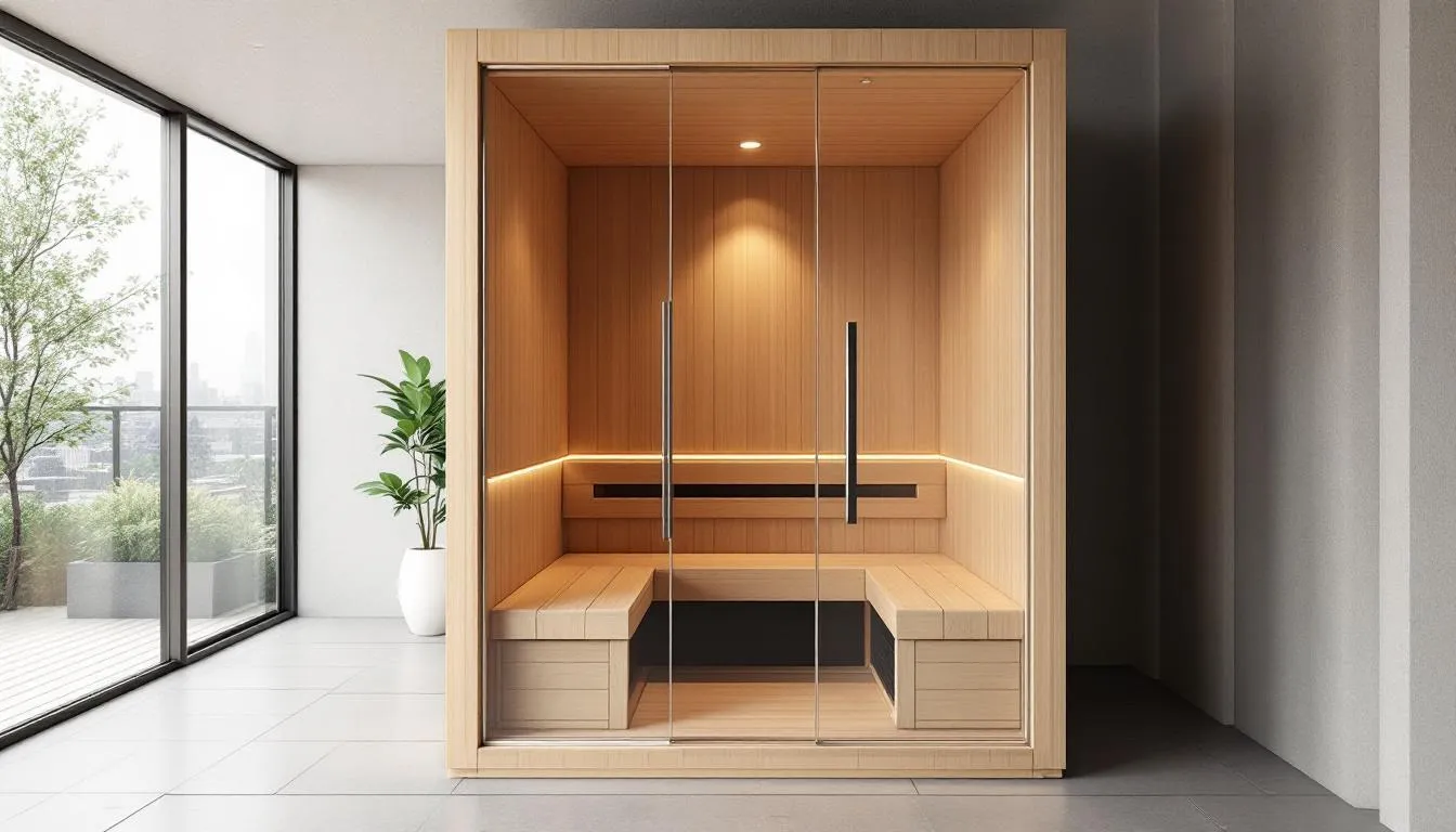 Key features of a modern two person sauna.
