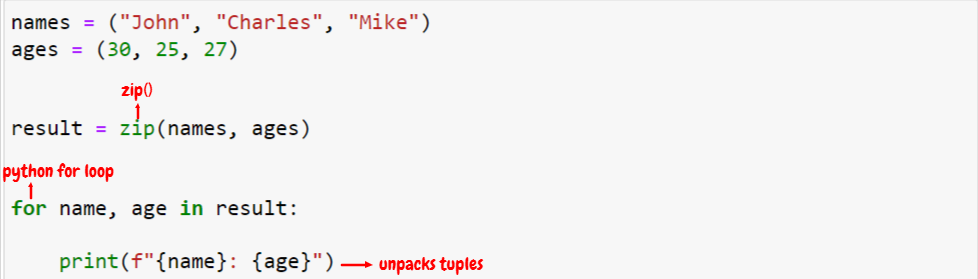 Iterating over tuples obtained from zip() using tuple unpacking