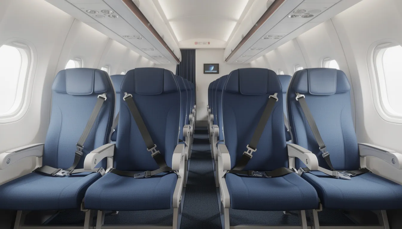 The image depicts the interior of an airplane cabin featuring several empty passenger seats, each equipped with visible seat belts. The layout includes aisle seats and middle seats, providing a clear view of the seat belt lengths and dimensions, which may vary among different airlines.
