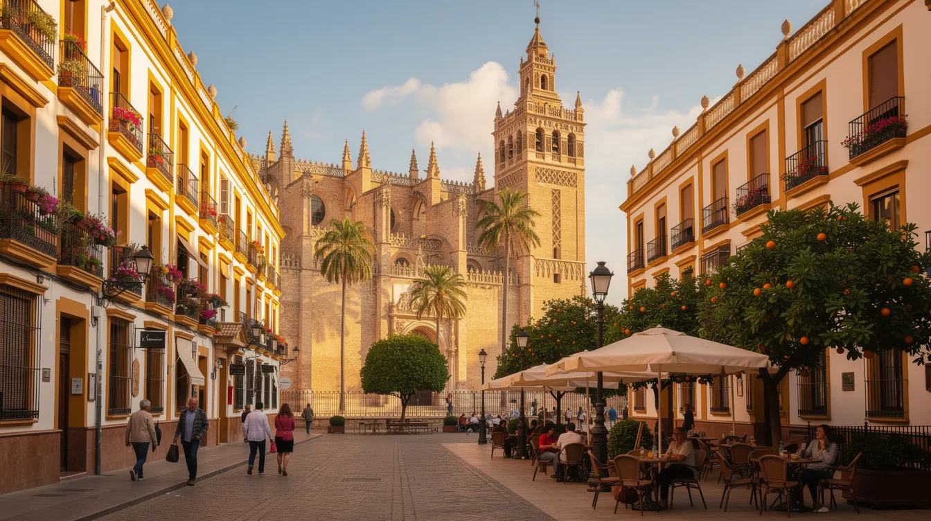 A imagem retrata a cidade de Sevilha, na Espanha, destacando sua rica história e cultura vibrante, com arquitetura impressionante e ruas charmosas, ideal para uma viagem em família. O cenário inclui elementos típicos do turismo na região, proporcionando uma experiência única aos visitantes.