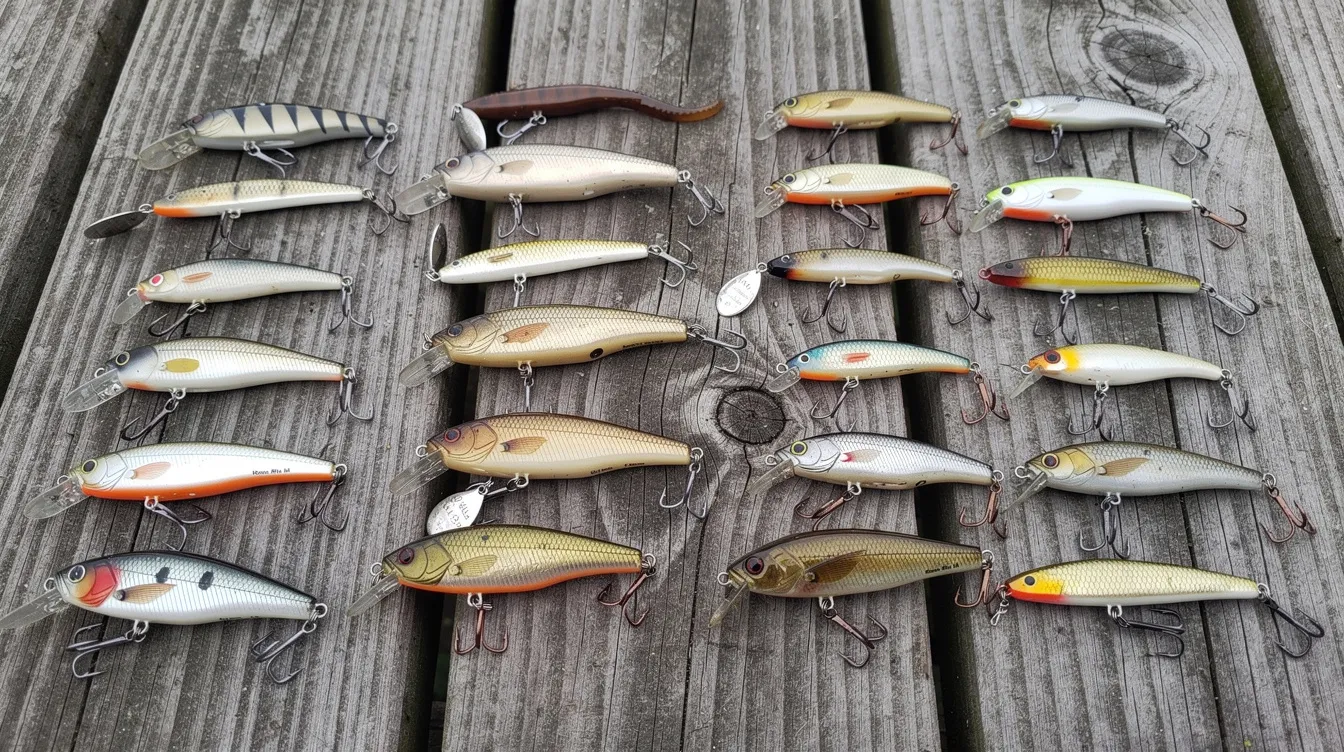 Na drewnianym pomoście rozłożony jest zestaw przynęt spinningowych, w tym małe woblery, twistery i obrotówki w naturalnych kolorach, idealnych do wiosennego wędkowania. Wczesną wiosną, kiedy ryby intensywnie żerują, takie przynęty mogą być skuteczne w łowieniu płoci i innych gatunków.