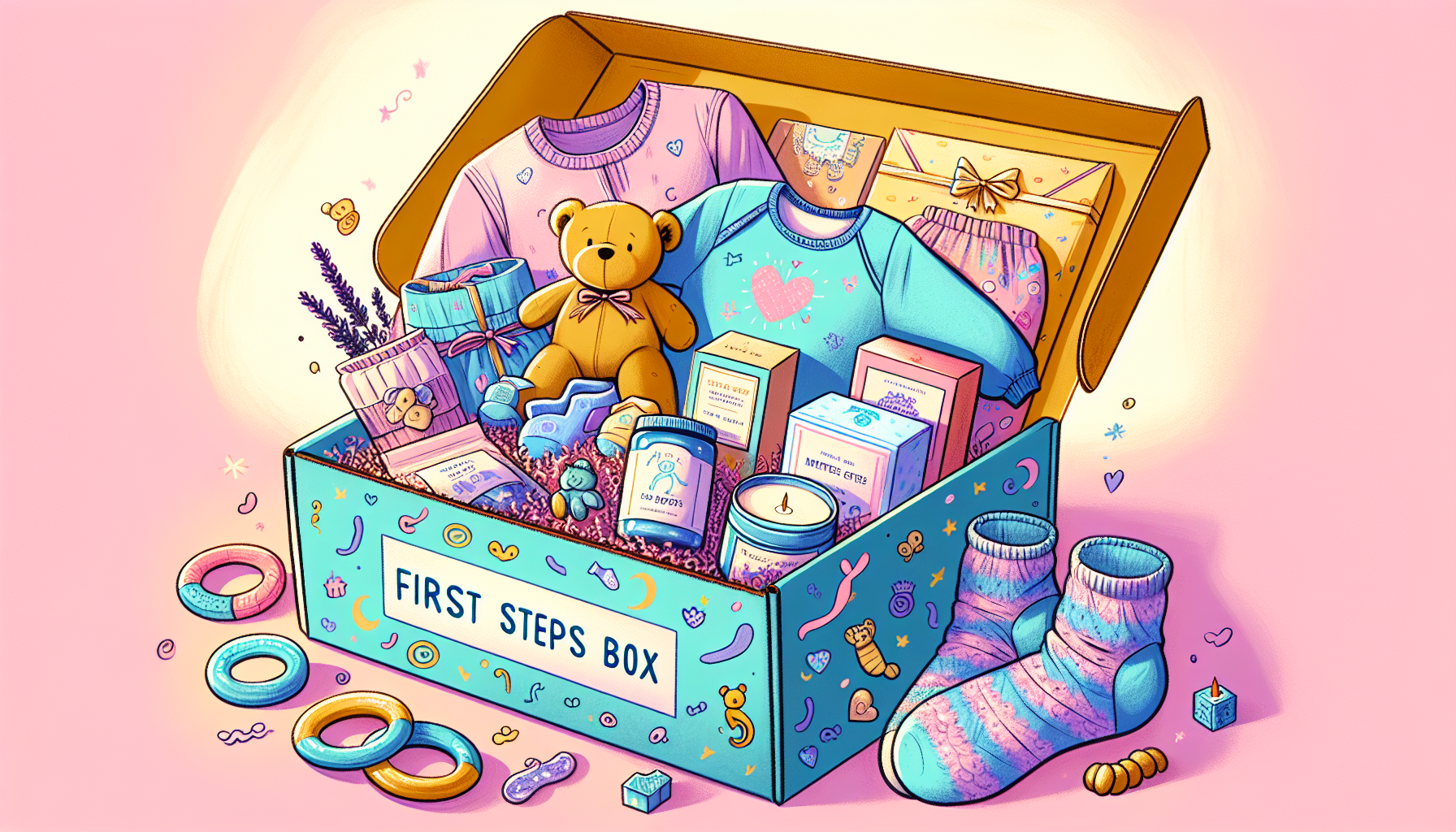 Eine farbenfrohe Erste Schritte Box mit hochwertigen Produkten für frischgebackene Eltern