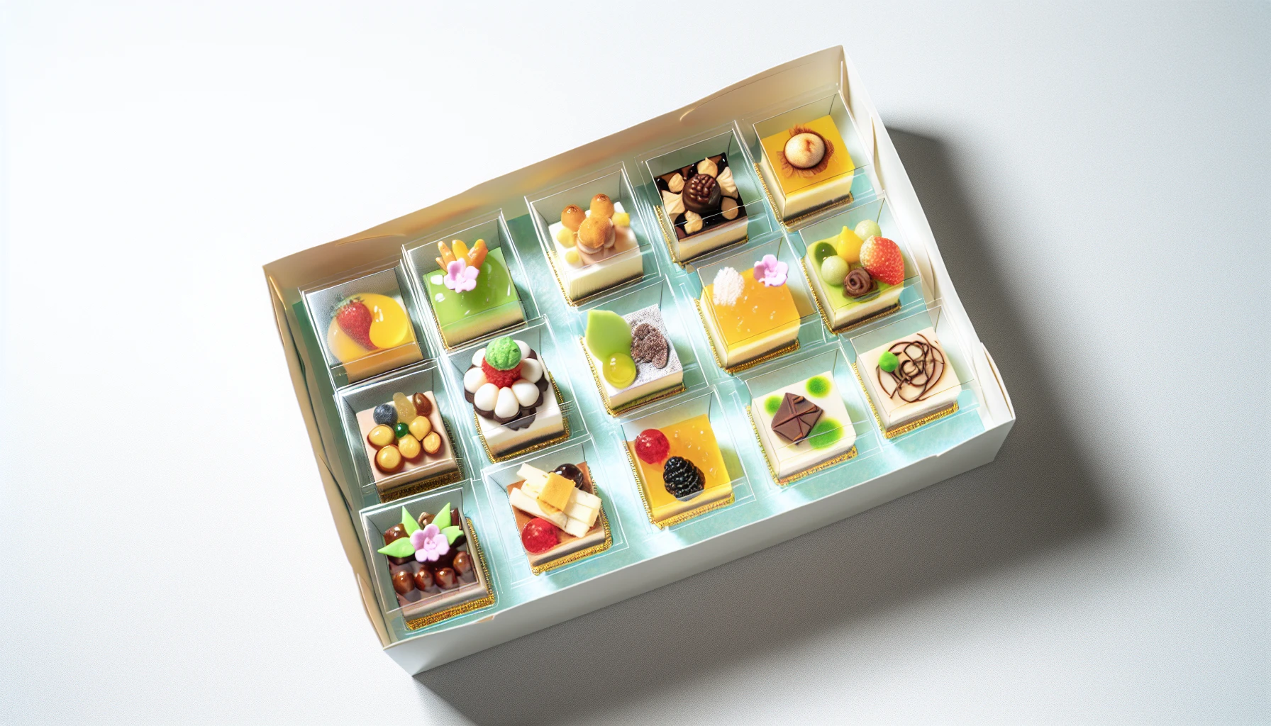 Assortment of mini bento cakes in various flavors and designs