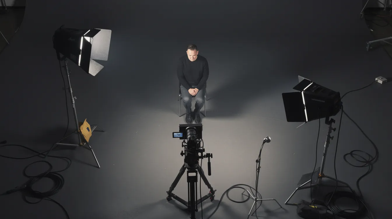 Eine Vogelperspektive auf ein Filmset zeigt eine Person, die auf einem Stuhl sitzt, umgeben von drei Lichtquellen: ein starkes Licht schräg vorne links, ein schwächeres rechts und ein weiteres hinter der Person. Vor der Person steht eine Kamera, die die Szene für das Video festhält und die Lichtgestaltung für eine optimale Ausleuchtung demonstriert.