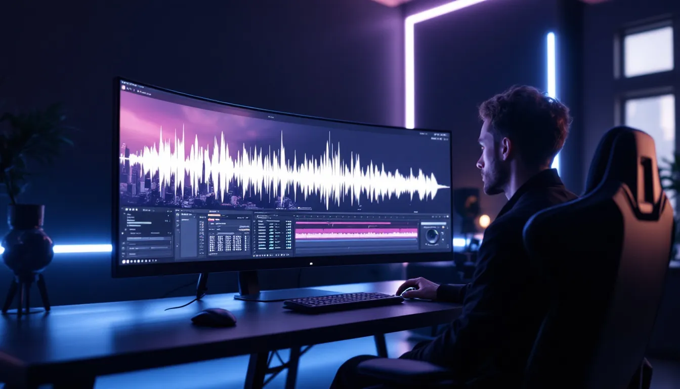 The Role of Lighting and Audio in Professional Video Production 4 An engaging scene showing a video editor integrating music and sound effects into a project.