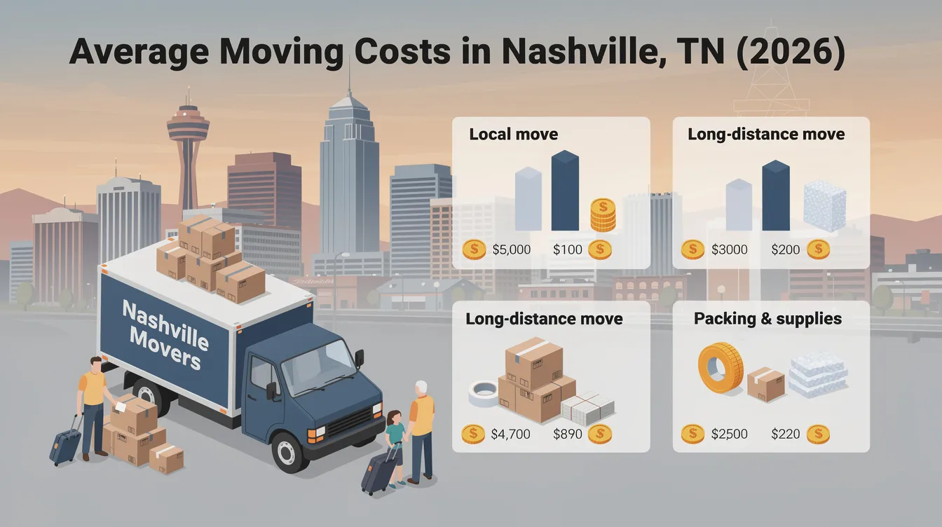 The image illustrates the average moving costs in Nashville, TN for 2026, highlighting various cost factors such as hiring professional movers, local moves, and long distance relocations. It provides insights into transparent pricing, including hourly rates and potential hidden costs, to help individuals plan their move effectively.
