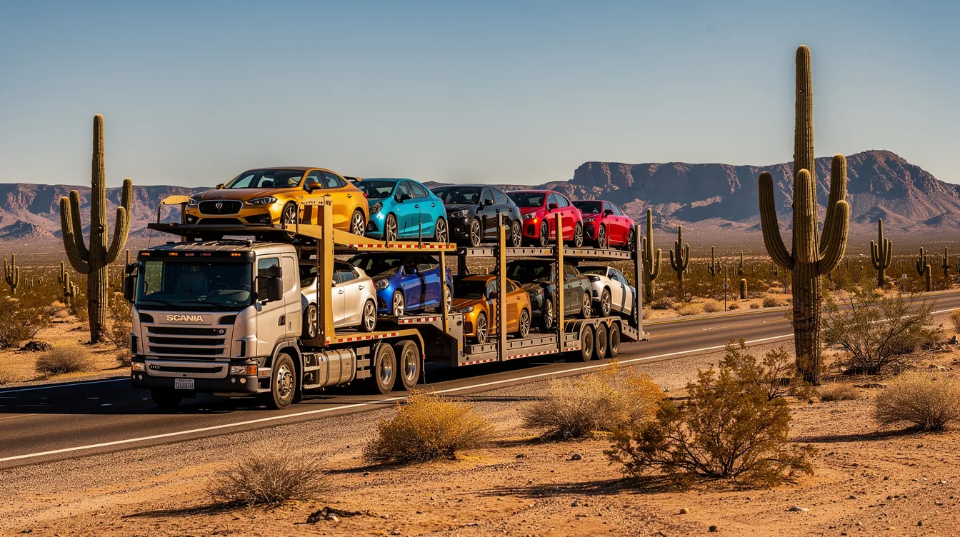 A multi-car transport trailer drives through the vast Arizona desert landscape, surrounded by iconic saguaro cacti under a clear blue sky. This image highlights the reliable service of car shipping companies in Phoenix, showcasing the journey of vehicles safely transported across long distances.
