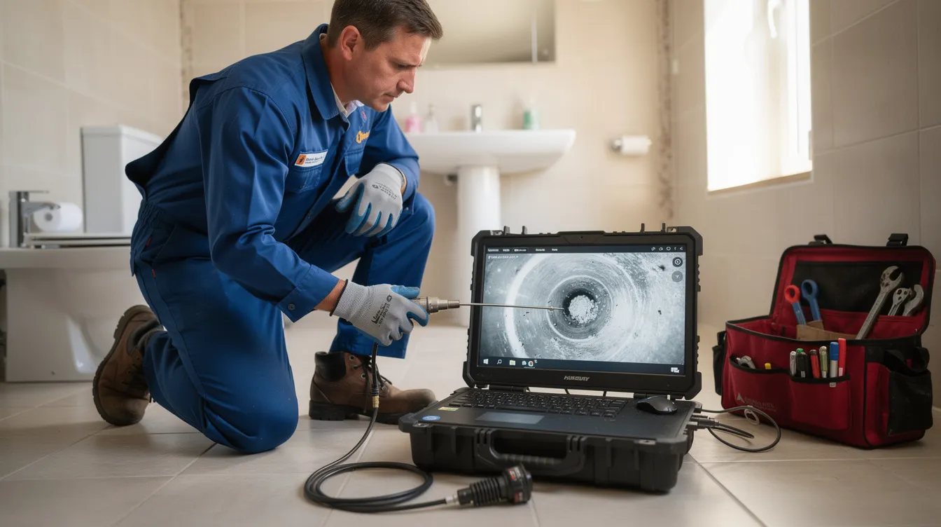 A plumbing technician is intently reviewing drain camera footage on a portable monitor, analyzing the scope of the drain to identify any potential issues. The screen displays a clear view of the interior, allowing for precise inspection and reference to different types of models used in plumbing.
