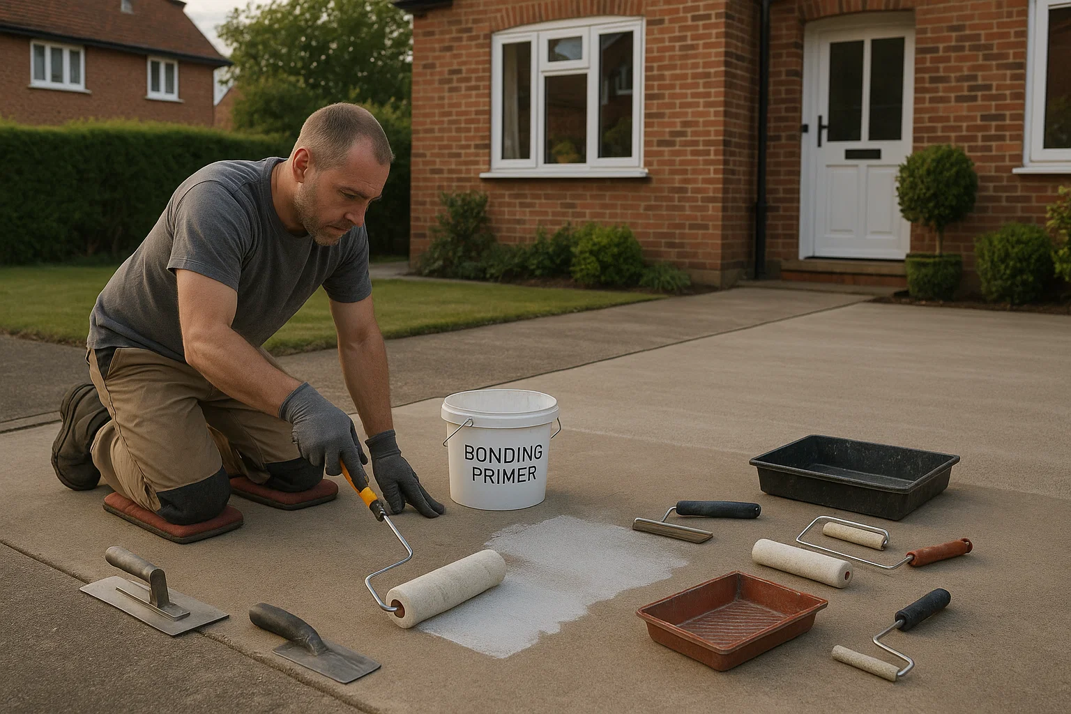 A contractor applying primer to a prepared concrete driveway during the resurfacing process.